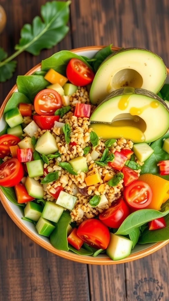 A colorful vegan salad with quinoa, chickpeas, and vegetables, topped with avocado slices.